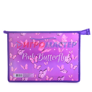 Папки-сумки Папка детская А4 пластиковая, ручки-шнурок (Розовые бабочки 2023)