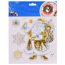 Наклейка новогодняя для декора S1104-3 &quot;Дедушка мороз и снежинки&quot; серебро/золото