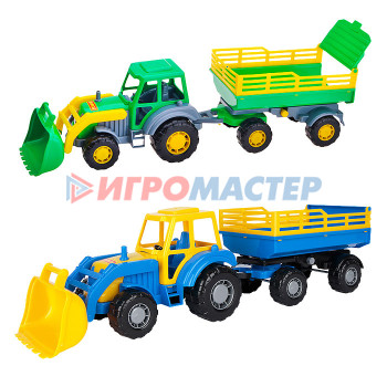 Транспорт и спецтехника б/механизмов (пластик) Мастер трактор с прицепом №2 и ковшом