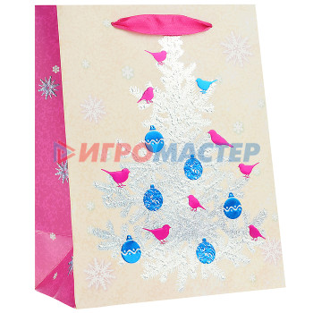 Новогодние пакеты, сумки, рюкзаки Бумажный пакет &quot;Серебрянная ель&quot; с серебристым тиснением с рисунком, с синим и розовым тиснением