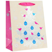 Бумажный пакет &quot;Серебрянная ель&quot; с серебристым тиснением с рисунком, с синим и розовым тиснением