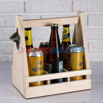 Ящик для пива 27×18×30 см  с открывашкой, под 6 бутылок, деревянный