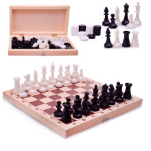 Шахматы + шашки с деревянной доской (шахматы гроссмейстерские пластиковые, шашки пластиковые, доска