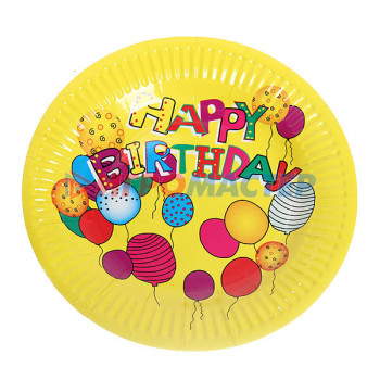 Тарелки для праздника Тарелка бумажная 18 см в наборе 10 шт "День рождения" Шарики, желтая