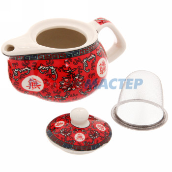 Чайник заварочный керамический 200мл с ситом "Китайские узоры" красный