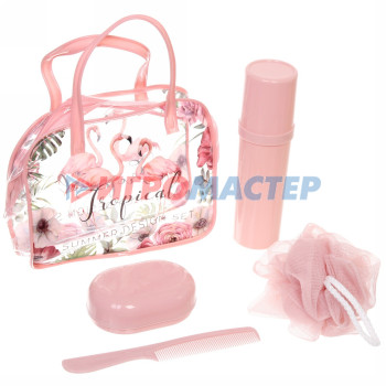 Набор банный дорожный 4шт "Traveler-Фламинго", цв розовый, (мочалка, футляр 2шт, расческа), 20*16*7