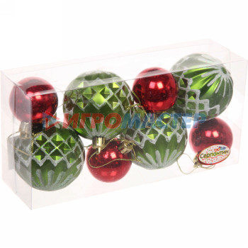 Новогодние шары 6/4 см (набор 8 шт) "Яркий восторг", Светло зеленый, красный