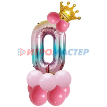 Шар фольгированный 81 см “Цифра 0” с набором шаров (розовый перелив)