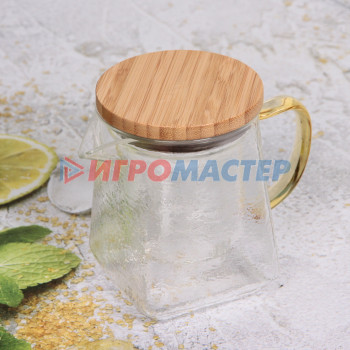 Чайник заварочный стеклянный 500мл "ICE" со стеклянным ситом и бамбуковой крышкой