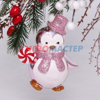 Ёлочная игрушка "Пингвин с леденцом" 10*6*11 см, розовый