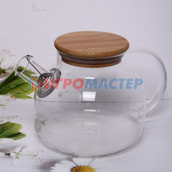 Чайник заварочный стеклянный 1л "Хай-Тек" с бамбуковой крышкой