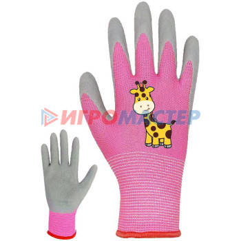 Перчатки нейлоновые детские "Little gardener-Жирафик" с полиуретановым покрытием полуоблитые, розовые L р-р ДоброСад