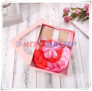 Банные наборы с мочалками Набор банный в подарочной коробке "PREZENT", розовый/красный (три мочалки), 24*7*19*6см