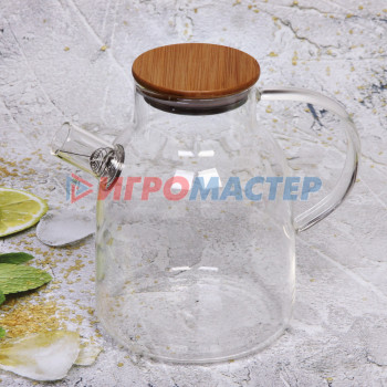 Чайник заварочный стеклянный 1800мл "Хай-Тек" с бамбуковой крышкой, круглая ручка