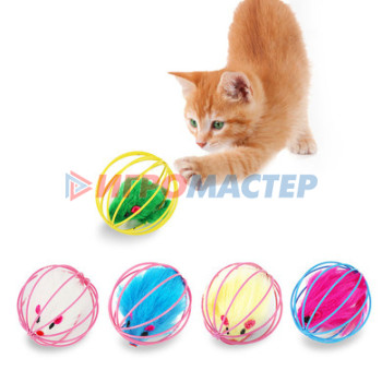 Игрушка - мячик для кошек "ИГРУЛИК", мышка, цвет голубой / розовый, d - 6см