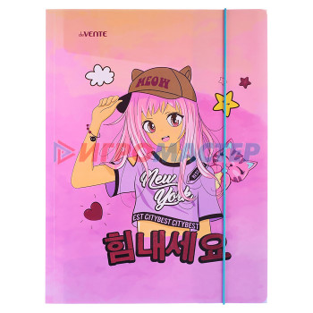 Папки-конверты на резинках Папка с резинкой &quot;Manga Girl&quot; A4 (240x320 мм) 400 мкм, тиснение малиновой фольгой, вертикал