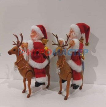 Фигуры новогодние Дед Мороз музыкальный 28 см в красной шубе на олене, микс (работает от 2*АА - в комплект не входят)