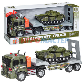 Транспорт и спецтехника электрифицированные Автовоз WY571I &quot;Военный&quot; с танком, 1:16 (свет, звук) на батарейках, в коробке (зеленый)