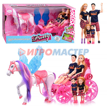 Кареты с лошадьми, машины для кукол Карета 909A &quot;Семейная прогулка&quot; с лошадкой и куклой, в коробке