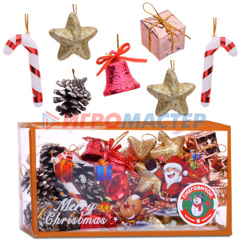Ёлочные игрушки, шары Набор новогодних украшений S1754 (колокольчики, звезды, шишки, 3-7см х 38шт)