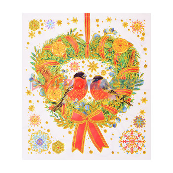 Новогодний интерьер Новогоднее оконное украшение из ПВХ пленки &quot;Венок с птичками&quot; декорировано глиттером
