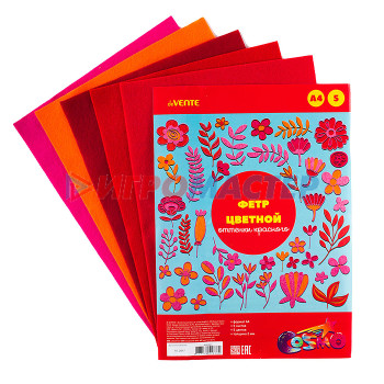 Цветная бумага и картон Фетр цветной A4 5 цв, 5 л &quot;Оттенки красного&quot; толщина 2 мм, пластиковый пакет с европодвесо