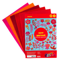 Фетр цветной A4 5 цв, 5 л &quot;Оттенки красного&quot; толщина 2 мм, пластиковый пакет с европодвесо