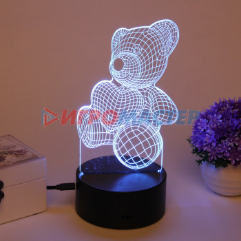 Светильник ночник "3D-Мишка" на пластиковой подставке, с включателем USB