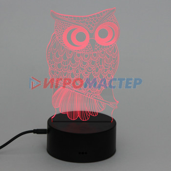 Светильник ночник "3D-Мудрая сова" на пластиковой подставке, с включателем USB