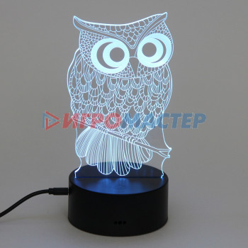 Светильник ночник "3D-Мудрая сова" на пластиковой подставке, с включателем USB
