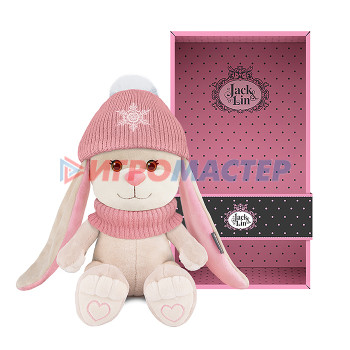 Мягкая игрушка Зайка в розовом шарфе и шапочке со снежинкой, 20 см 