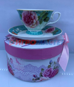 Чайные пары Чайная пара керамическая "Грация" (кружка 220мл+блюдце) в подарочной коробке, голубая