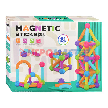 Магнитные Конструктор магнитный 158-13 &quot;Яркие палочки и шарики&quot; 64 дет., в коробке