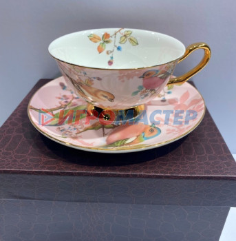 Чайные пары Чайная пара "Royal classic" (кружка 200мл+блюдце) Пейзаж розовый птицы, в подарочной коробке