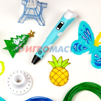3D ручка Luazon, дисплей, работа с пластиком ABS и PLA, пластик в комплекте, голубая
