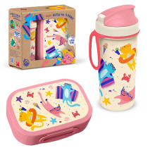 Набор: ланч-бокс 0,98л и стакан детский с крышкой, петлей и декором  0,4л (розовый)