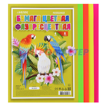 Цветная бумага и картон Бумага цветная А4, 4 цв, 8 л, мелованная флуоресцентная, пластиковый пакет с ев