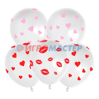 Надувные шары Шар (12&#039;&#039;/30 см) Сердечки и поцелуи, Белый, пастель, 5 ст, 25 шт.