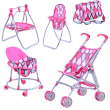 Кукольный набор 9002 (стульчик для кормления/качель, коляска, ходунки, сумка), цвет розовая капля