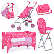 Кукольный набор 9001 (коляска, манеж, сумка, стульчик), цвет розовые звезды