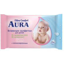 Салфетки влажные AURA Ultra comfort алое и витамин Е 15 шт