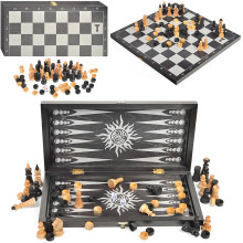 Игра 3в1 малая черная, рисунок серебро с обиходными деревянными шахматами &quot;Объедовские&quot; (нарды, шахм